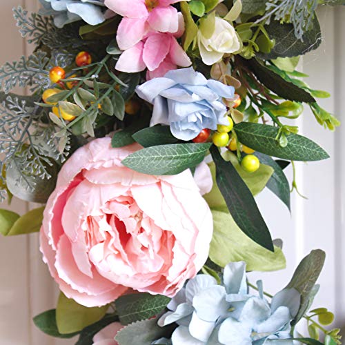 SKOLOO Peony Flower Wreaths for Front Door, Large Blooming Peonies Hydrangea Wreath with Berry Greenery, Artificial Spring Garland Wreath for Home Wall Decor