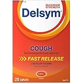 Delsym Maximum Strength Cough Suppressant, Over-The-Counter Medication for Cough, Fast Release Caplets with Dextromethorphan HBr, Cough Medicine for Adults Lasts Up to 8 Hours Day or Night, 20 Count