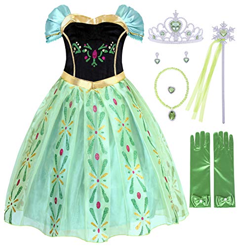 Cotrio Green Anna Coronation Dress Up Girls Princess Dresses Halloween Costumes with Accessories (4T, 3-4 Years, Gloves, Tiara, Scepter, Necklace, Ring,Earrings) - Thumbnail 2