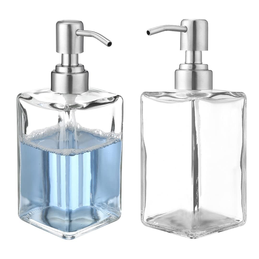 2 Pack Soap Liquid Dispenser Bottles 500ml Clear Glass Jar Square Bottle with Stainless Steel Pump Soap Dispenser for Hand Washing, Dishwashing, Shower Shampoo and Body Lotion