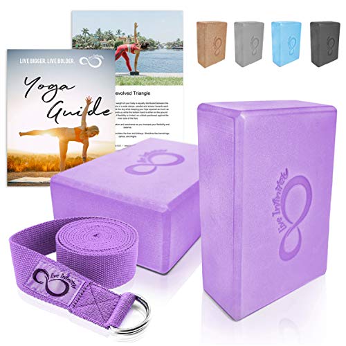 Premium Yoga Blocks & Metal D Ring Strap Yogi Set (3PC) 2 Pack High Density EVA Foam Blocks to Support & Deepen Poses, Improve Strength & Flexibility- Lightweight, Odor & Moisture Resistant (Purple)