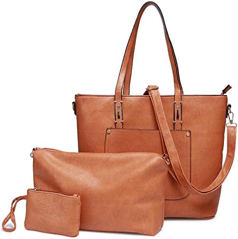 LOOSLOON Womens 3Pcs/Set Leather Handbags Fashion Casual Top Handle Satchel Shoulder Bag + Crossbody Messenger Bag + Tote Purse Wristle Wallett (Light Brown)