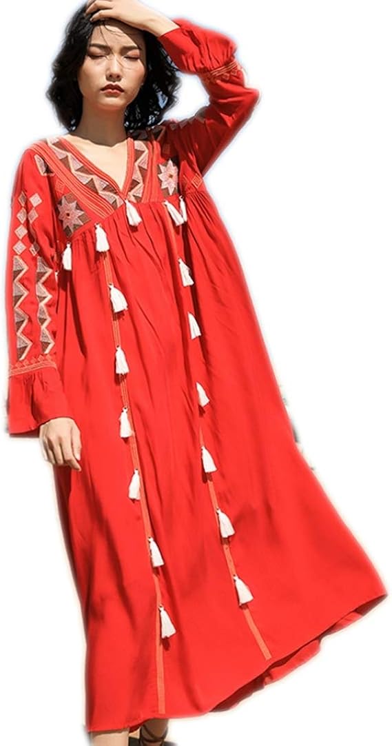 Amazon リゾート ワンピース レディース きれいめ サマードレス 大人 上品 ファッション かわいい 女性用 体型カバー レッド おしゃれ 膝下 ロング丈 L セクシー 大人 夏 海 ワンピ フォーマル パーティードレス ワンピース チュニック 通販