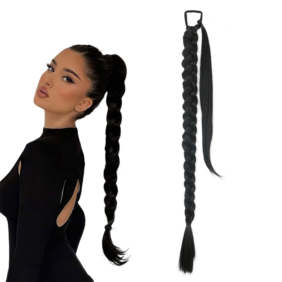 prinfantasy Braiding Hair 33 Inch Long Braided Ponytail Extension with Scrunchies Straight Hairpiece Pony Tail DIY Natural High Temperature Synthetic Hairpiece for Women Black