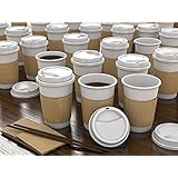 JUMBO Set of 55 - Paper Coffee Hot Cups, Travel Lids, Sleeves &amp; Stirrers -12oz / 360ml - WHITE - Office/Party Pack - to go Coffee Cups, Disposable Travel Mug &amp; Paper Cups/Cold Coffee, Tea &amp; Chocolate