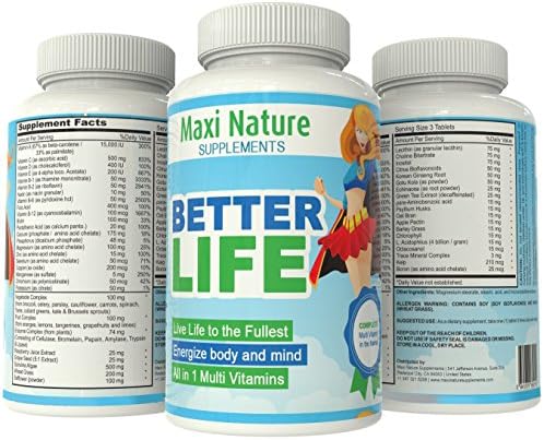 Maxi Nature - Better Life - All in 1 Mutil Vitiamins, 90 tablets, Just check the Ingredients: This is the Most Complete MultiVitamins for Women - All in 1 Organic Daily Multi vitamin for Women - Check Ingredients Below: Vitamin A,b,c,d,e, Niacine, Vitamin B Complex, Calcium, Magnesium, Zinc , Selenium, Copper, Potassium, Biotin,manganese, Phosphorus, and Much More…high Potency Complete Multivitamin for Women and Men-100% Natural Vitamins ,Minerals and Nutrients - Stress, Anti Aging,energy, Good Mood, Health , Great Hair and Skin,antioxidant,rejuvenation,sports,memory,menopause,anxiety