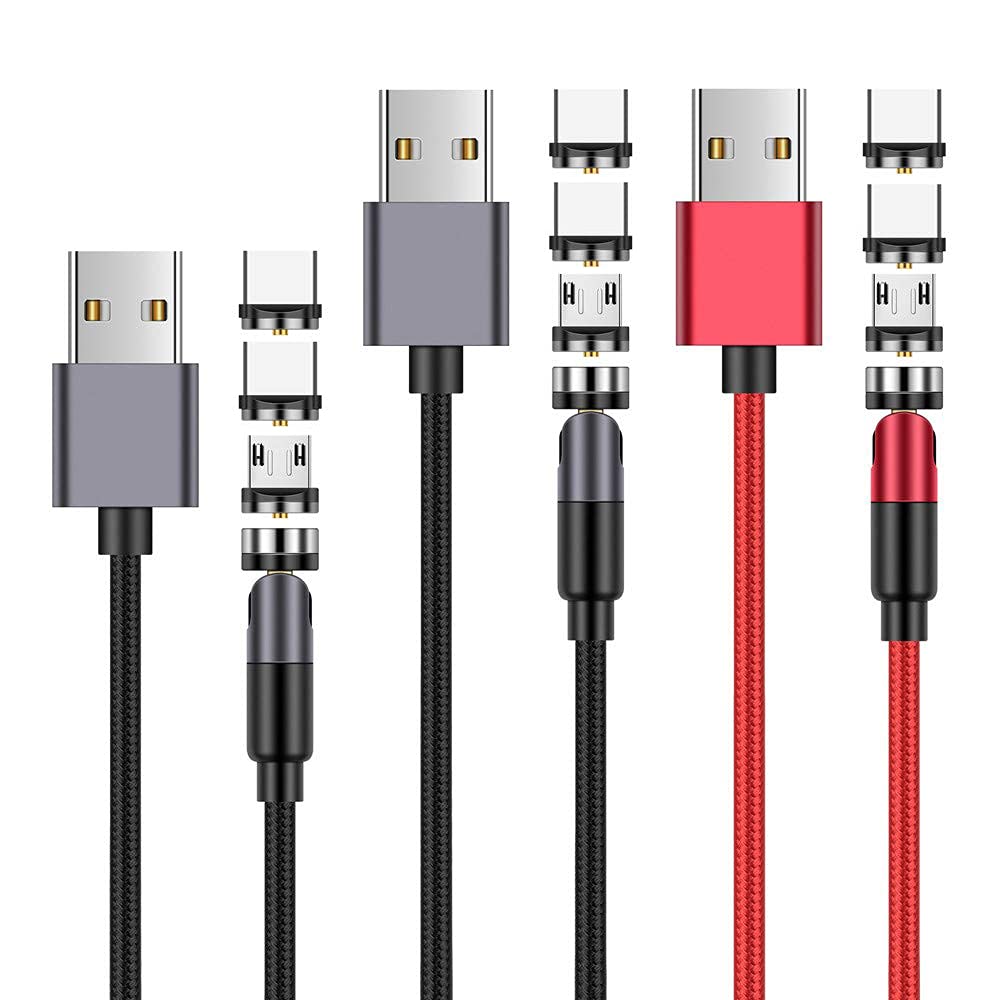 Universal 3 in 1 Magnetic Charging Cable 3 Pack 1M 2M 2M 540 Degree Magnetic 2A Charger Cable Nylon Braided 360° + 180° Rotating USB Cable Compatible with Micro USB & USB C Devices and More