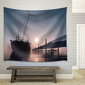 Construction of The Pipeline into The Sea. - Fabric Wall Tapestry Home Decor - 51x60 inches