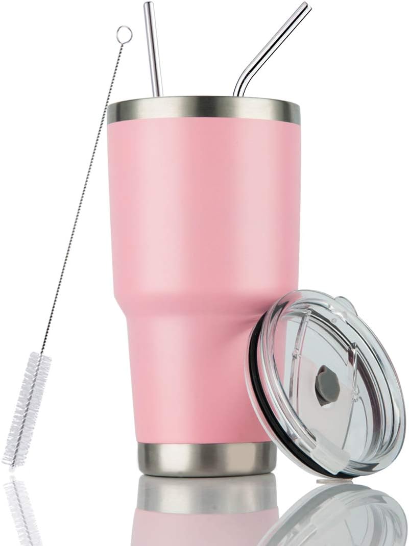 Joyclub 30oz Tumbler Stainless Steel Double Wall Vacuum Insulated Tumbler Travel Mug with Lid, Straw and Cleaning Brush for Cold and Hot Drinks (Pink)