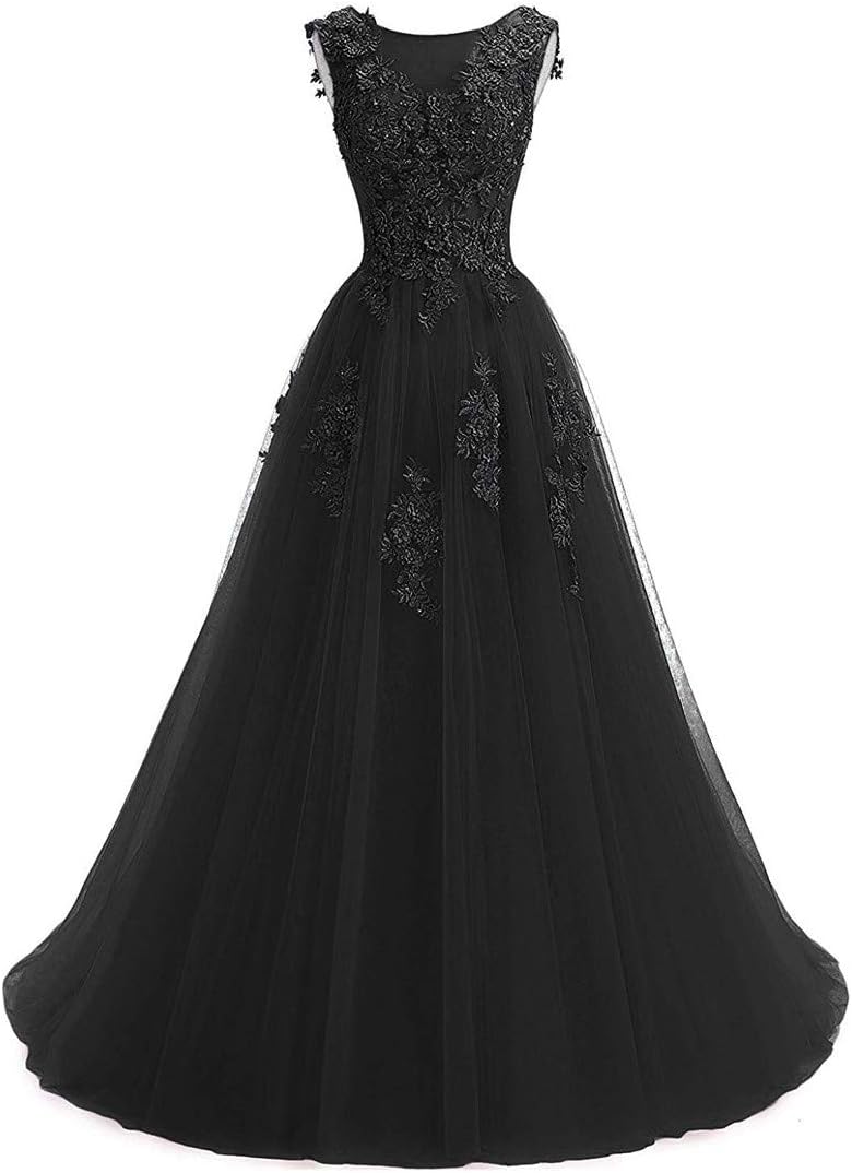 Ever Girl Women's Sweep Lace Appliques Scoop Collar Tulle A-Line Prom Dresses