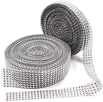 SuZhi 2 Rolls Diamond Sparkling Rhinestone Mesh Ribbon Roll for Arts &amp; Crafts, Event Decorations, Wedding Cake, Birthdays, Baby Shower (Silver)