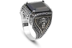 Jewellery Pit - Sterling Silver Lion Ring with Onyx Gemstone - Lion Head Ring with Black Onyx - Handcrafted Wildlife Jewelry 