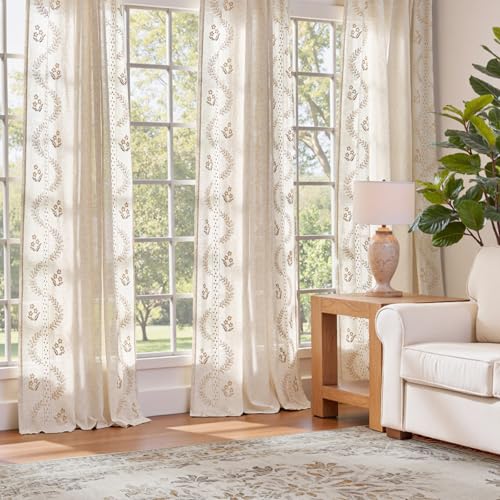 JINCHAN Linen Curtains for Bedroom Floral Curtains 84 Inch Length Linen Blend Beige Embroidered Drapes Farmhouse Flower Patterned Drapes for Living Room Window Treatments Set 2 Panels