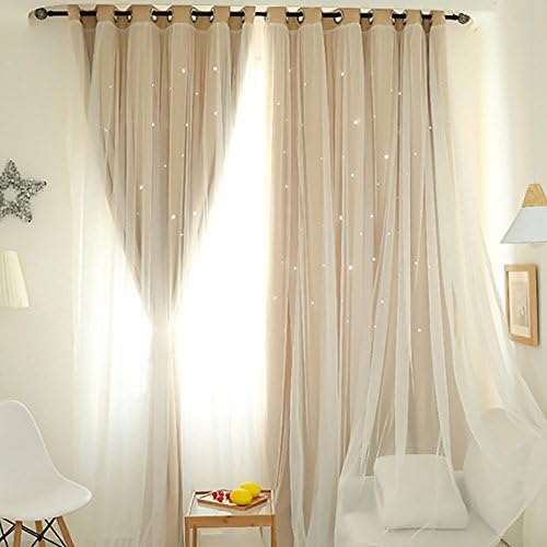 Holywin Home Super Soft Window Starry Sky Sheer Curtain Tulle Window Treatment Voile Drape Valance Double-deck Sheer Voile Curtains for Livingroom