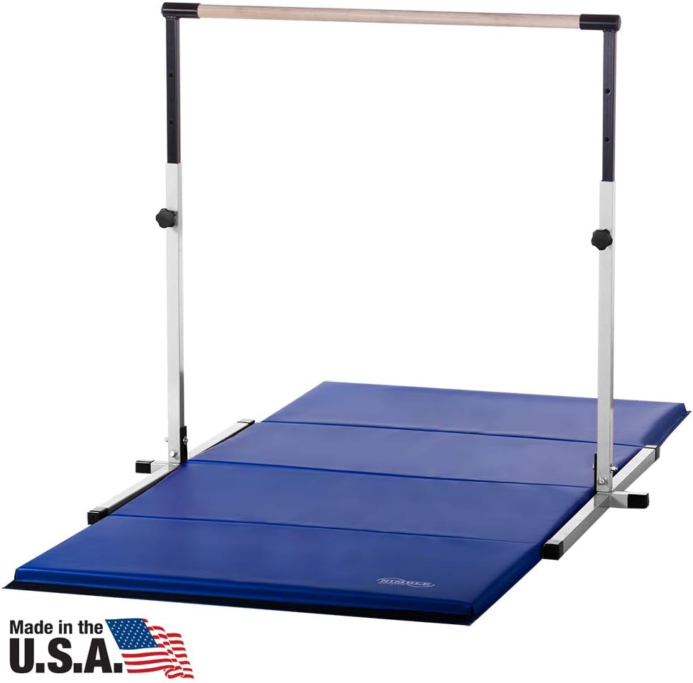Nimble Sports White Adjustable Horizontal Bar and 4 Feet X 8 Feet Blue Gymnastics Mat Combo