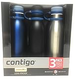 Contigo ThermaLock Leak-Proof Stainless Steel Water Bottles | 24 Hrs Cold | 10 Hrs Hot | Removable Spout | Easy Cleaning | Carry Handle | BPA Free | 3 Pack (Silver, Blue, Black)
