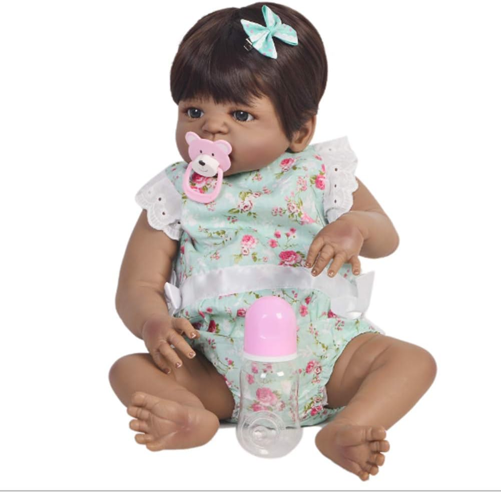 Prezzo JTYX DOLLS 23 Inches Simulazione Bambino Silicone Pieno Nero rinato Bambola Capelli castani Occhi Corti Ragazza Realistica Bambola Giocattoli Regalo di Compleanno per Bambini Lavabile,Color1,57cm Offerte