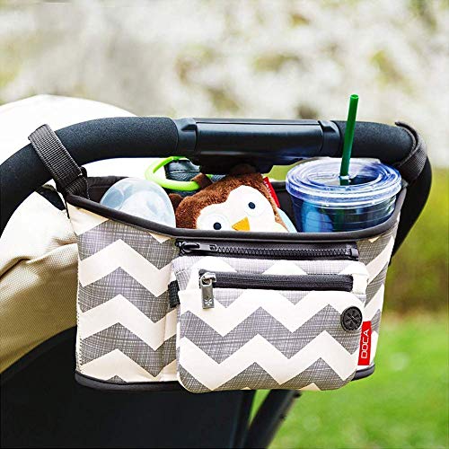 Universal Stroller Organizer Bag,DOCA Pram Buggy Organiser Storage Bag with Cup Holders,Headphone Port & Removable Compartments - Large Space for Buggies Pushchair【Stripe Grey】 - Thumbnail 4
