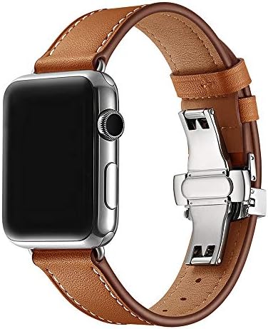 WAfeel Compatible for Iwatch Band 42MM/38,Calfskin Leather Strap Replacement Band with Metal Butterfly Buckle for IWatch Smart Watch Series 4/3 / 2/1 (Brown+Silver Buckle, 42mm)