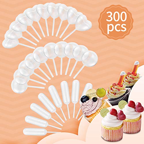 Cupcake Pipettes Plastic Pipettes,Jeteven 300Pcs 4ml Heart/Round/Rectangular Squeeze Transfer Pipettes for Chocolate Cupcakes Strawberries Injector