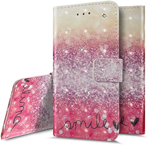 LG Stylus 3 Case / LG Stylo 3 Case /LG Stylo 3 Plus Case, Wallet Case for LG Stylus 3, Ukayfe Elegant 3D Creative Pink Sand Design Diamond PU Leather Rhinestone Bling Flip Case Wallet Case Magnetic Closure Book Style Protective Case Cover Skin Pouch with Card Slots & Hand Wrist Strap For LG Stylus 3 / LG Stylo 3 / LG K10 Pro, Smile