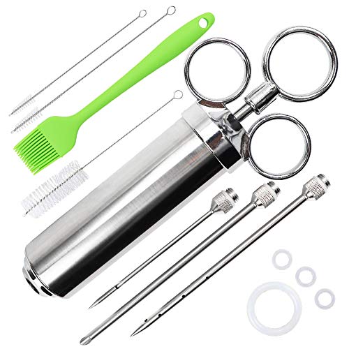 LIVEHITOP 304 Stainless Steel Meat Injector Kit With 3 Marinade Injector Needles 3 Cleaning Bushes And Silicone BBQ Basting Brush