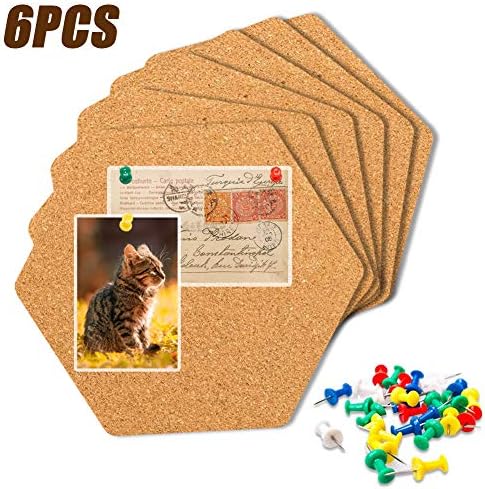 EVNEED 6 Pack Hexagon Cork Board Tiles Tiles Self Adhesive with 100 PCS Pushpins, Mini Wall Bulletin Boards for Pictures, Notes, Home Decor and Office Memo