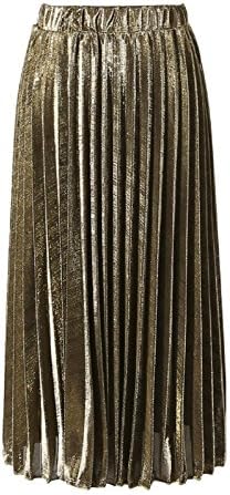 Womens Metallic Flared Dressy High Waisted Pleated Skirt with an Elastic Waistband Gold