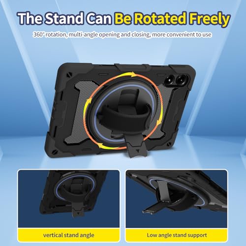 zenrich Shockproof Case for Xiaomi Redmi Pad Pro 12.1 Inch 2024, Rugged Armor Protective Case with Screen Protector, Rotating Stand, Hand Strap & Adjustable Shoulder Strap, Stylus Holder - Black