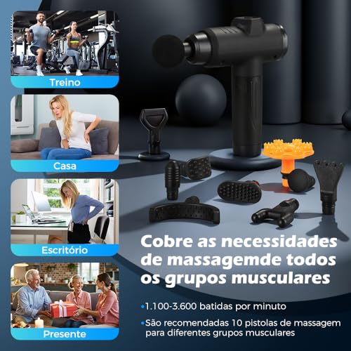 Pistola de Massagem YARUIKE, Massageador Muscular Portátil com 10 Cabeças, 30 Velocidades e Tela LCD, Preto | Motor Silencioso, Tela LCD Touch para Recuperação Pós-Treino em Casa e no Escritório