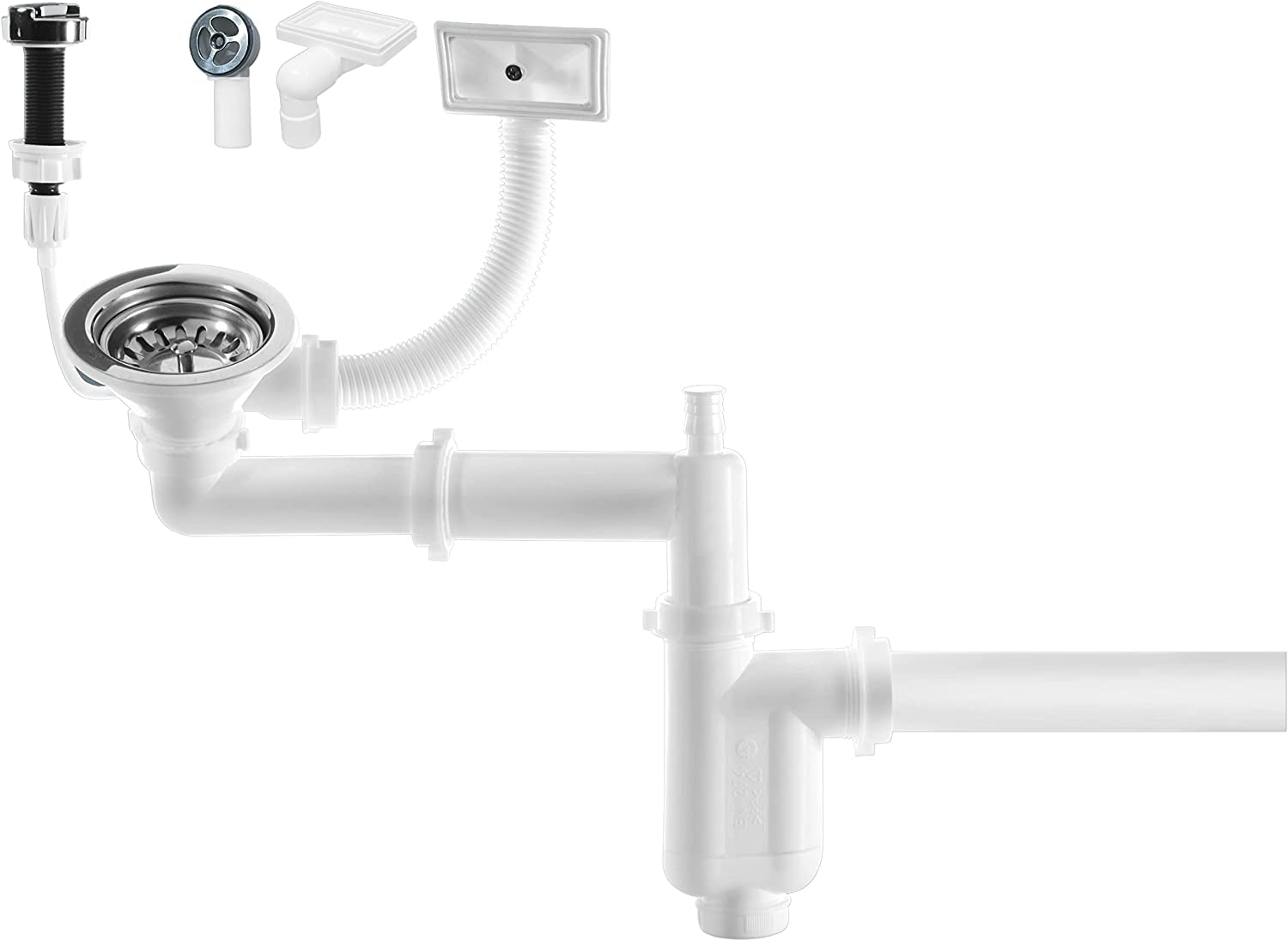 Manestein Kitchen Sink Drain Set, Siphon with Overflow, Auto Sink Strainer Basket Valve, 3.5 Inch, Silver, Stainless Steel