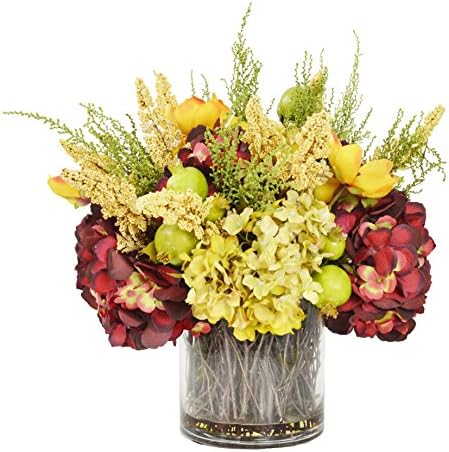 Creative Displays Golden Hydrangea and Two Tone Burgundy Hydrangeas with Acrylic Water in a Clear Glass Container