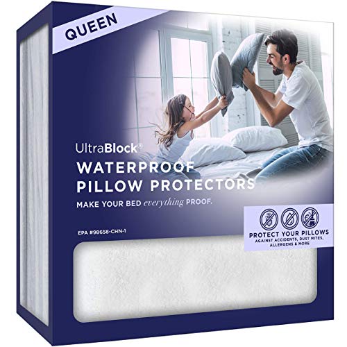 UltraBlock Queen Size Waterproof Pillow Protector (2 Pack) Zippered