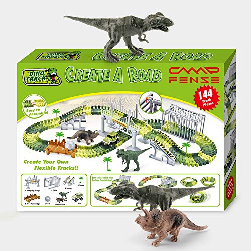 image for CampFENSE Dinosaur Toys (163Pcs Total, 144 Track Pcs) Electric Race Tr