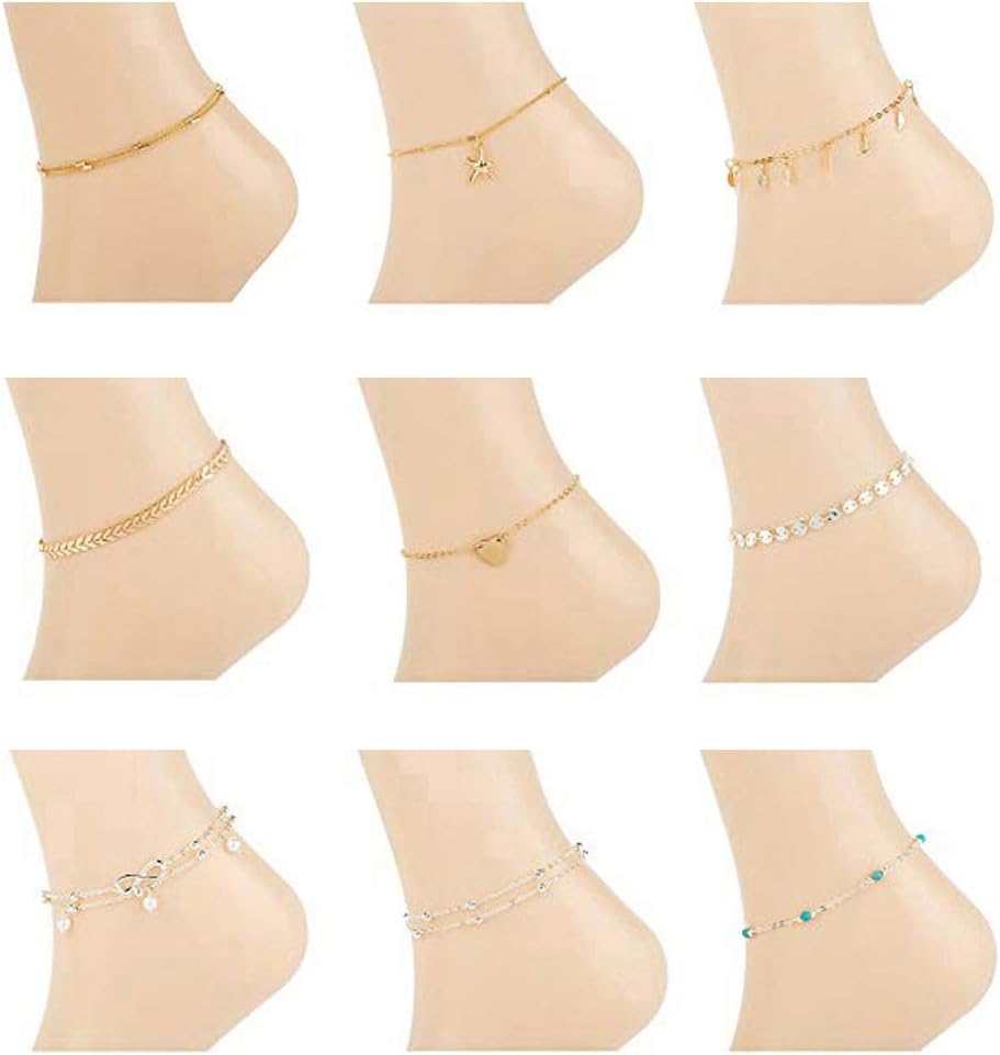 9PCS Charm Anklets for Women Girls Bracelets Beach Anklets Foot Jewelry Adjustable