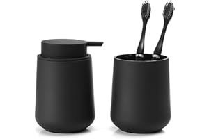 YAUKPH Matte Black Bathroom Accessories 2 Piece Set Plastic Soap Dispenser and Toothbrush Holder for Modern Bathroom Decor