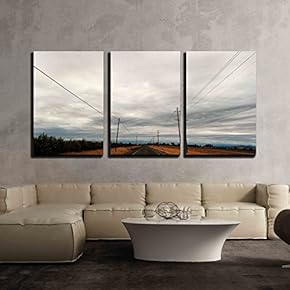 3 Piece Canvas Wall Art - a Country Road Has Telephone Poles and Wires on Both Sides - Modern Home Art Stretched and Framed Ready to Hang - 16"x24"x3 Panels