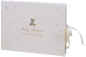 Happy Homewares White Baby Shower Guest Book with Cream Ribbon and Silver and Gold Stars