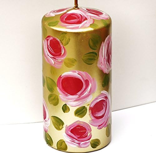 Romantic Large Metallic Gold 6" Tall Pillar Candle with Hand Painted Pink Roses and Golden Green Leaves