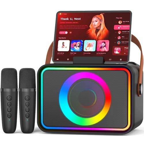 Karaoke Machine,Portable Bluetooth Speaker with 2 Wireless Microphone for Adults & Kids with LED Lights, Karaoke Microphone with PA System Supports USB/TF/AUX,Gift for Party (Black)