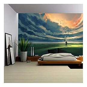 Painting of Man Holding an Umbrella Standing Alone in The Meadow Watching at The Cloudy Horizon - Removable Wall Mural | Self-Adhesive Large Wallpaper - 66x96 inches