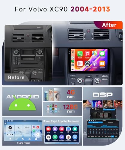 【4+128G】 Hodozzy Carplay Car Radio for Volvo XC90 2004-2013, 10 Inch In-Cell Screen Android Car Radio with Bluetooth 5.0/Android Auto/WiFi/GPS/RDS/FM/USB/DSP