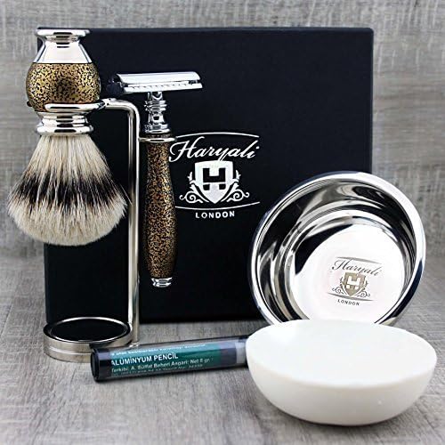 Haryali London, 5 pcs Shaving Kit for Men, Synthetic Silvertip Shaving Brush Set including Double Edge Razor, Shaving Stand