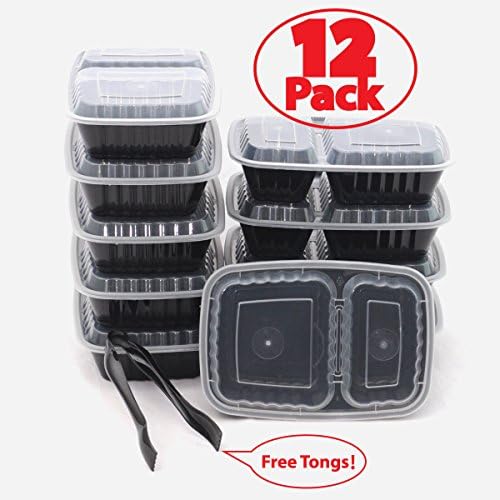 12Pack Food Containers with Tongs - Microwavable Stack-able Reusable Dishwasher Safe - 8"x6", 28 Oz. (2-Compartment)