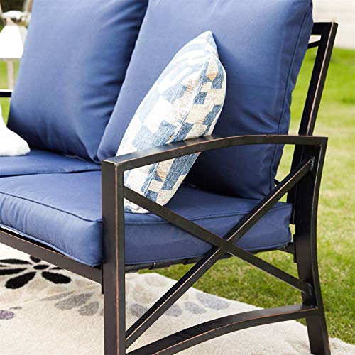 PatioFestival Conversation Furniture Set,5 Pcs Cushioned All Weather Metal Outdoor Furniture Sectional with Loveseat,2 Padded Rocking Chairs,Coffee Table,Bistro Table (5 PCs, Blue)