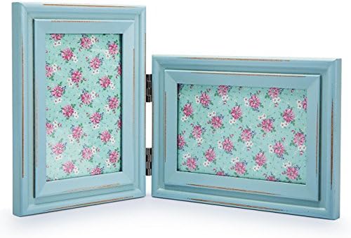 Double Folding 4x6 Cyan Mixing Wood Picture Frame with Glass Front - Vertical Horizontal Combination - Scraping Color Classic Style - Stands on Desktop or Table Top