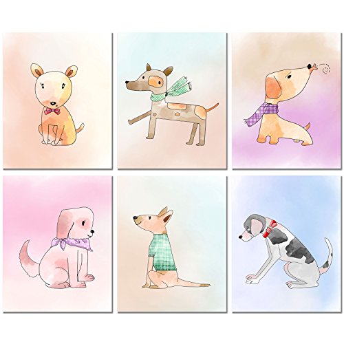 Dog Watercolor Art Prints - Set of Six 8x10 Puppy Wall Decor Photos