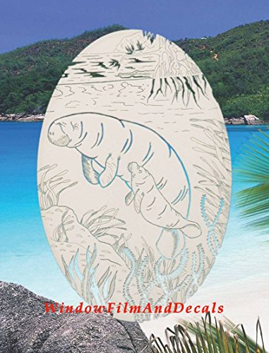 Oval Manatee Etched Window Decal Vinyl Glass Cling - 8" x 12" - White with Clear Design Elements