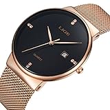 LIGE Slim Case Mens Quartz Watches with Mesh Band Waterproof Sport Wristwatch Gold Black