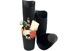 KINGZHUO 50 Pcs French Fry Holder 14oz Paper Charcuterie Cups Take-out Party French Fry Cups Disposable Food Cones Waffle Paper Popcorn Boxes Holder Wedding Food Trays Paper Cones for Food (Black)